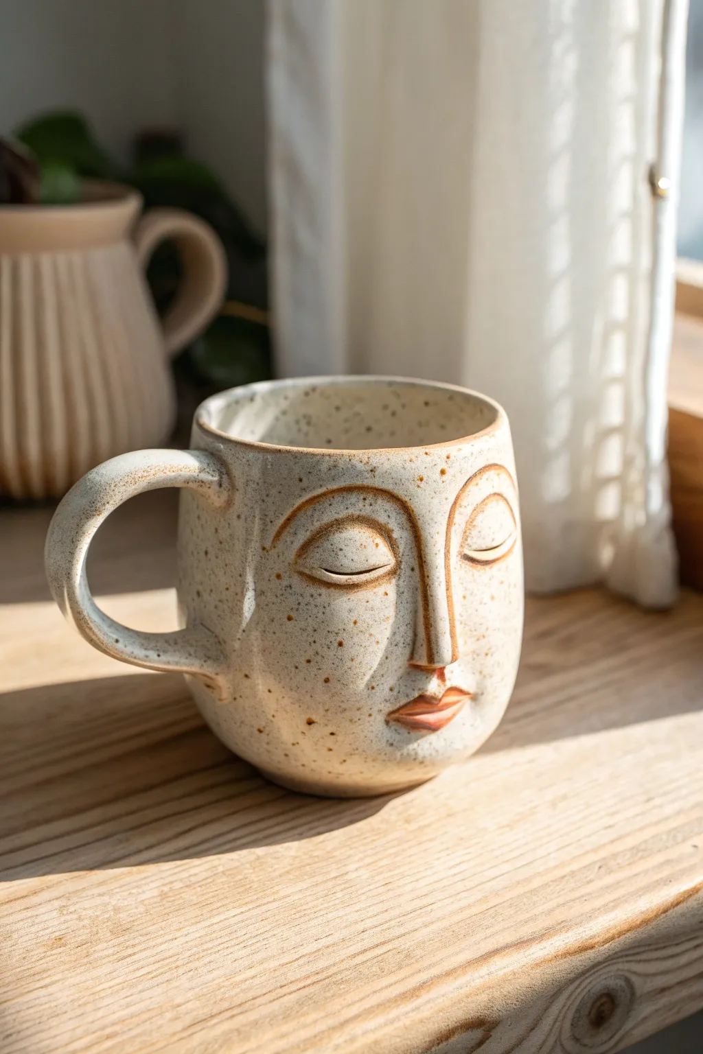 Minimal face mug with simple add-on details, warm matte glaze, and crisp natural light contrast