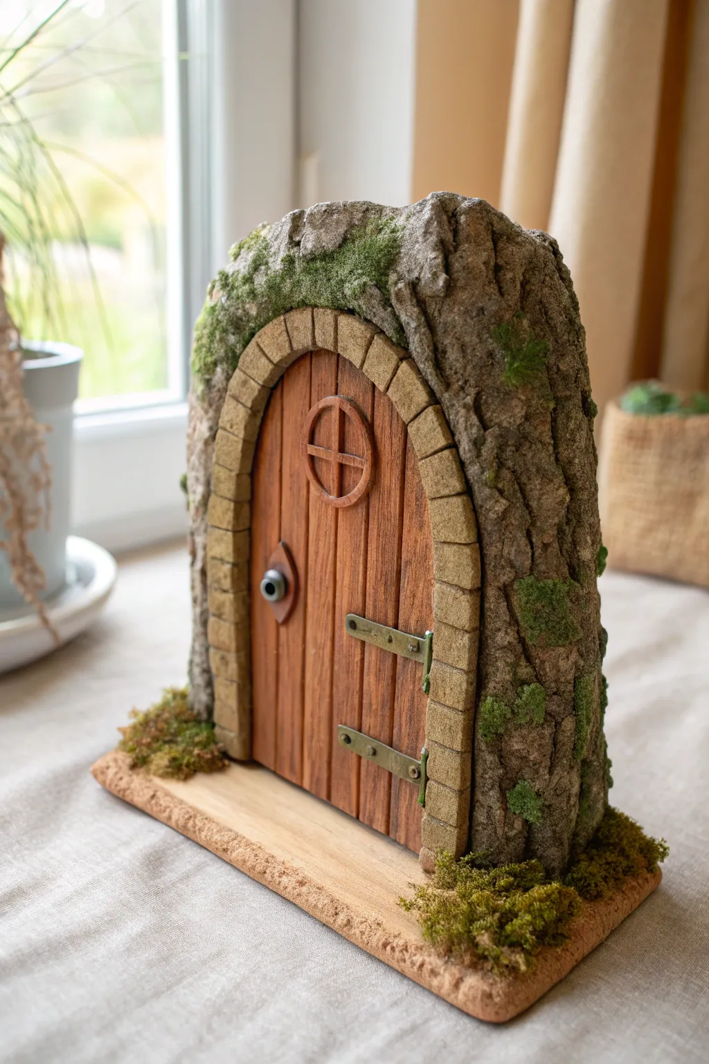 Clay fairy door with bark texture and mossy details, a cozy woodland accent for any tree base.