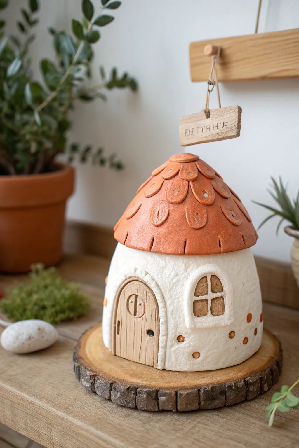 Mini clay fairy house with a hanging blank sign, simple and cozy inn vibe for your shelf.