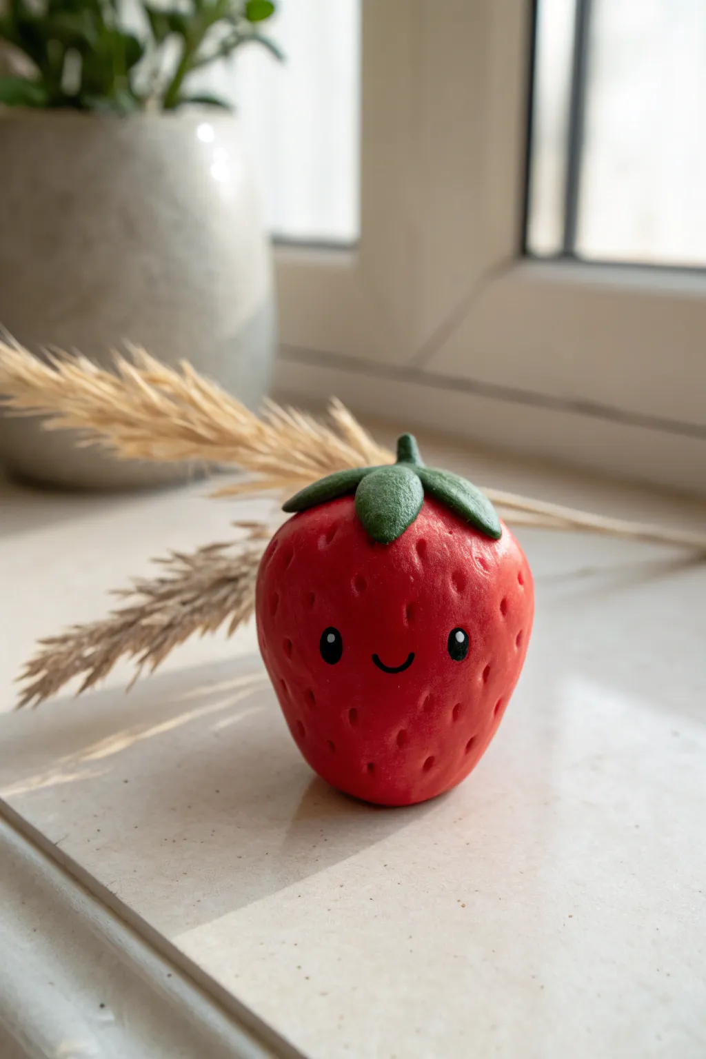 Glossy strawberry clay figure with tiny smile, dot eyes, and minimalist boho styling.