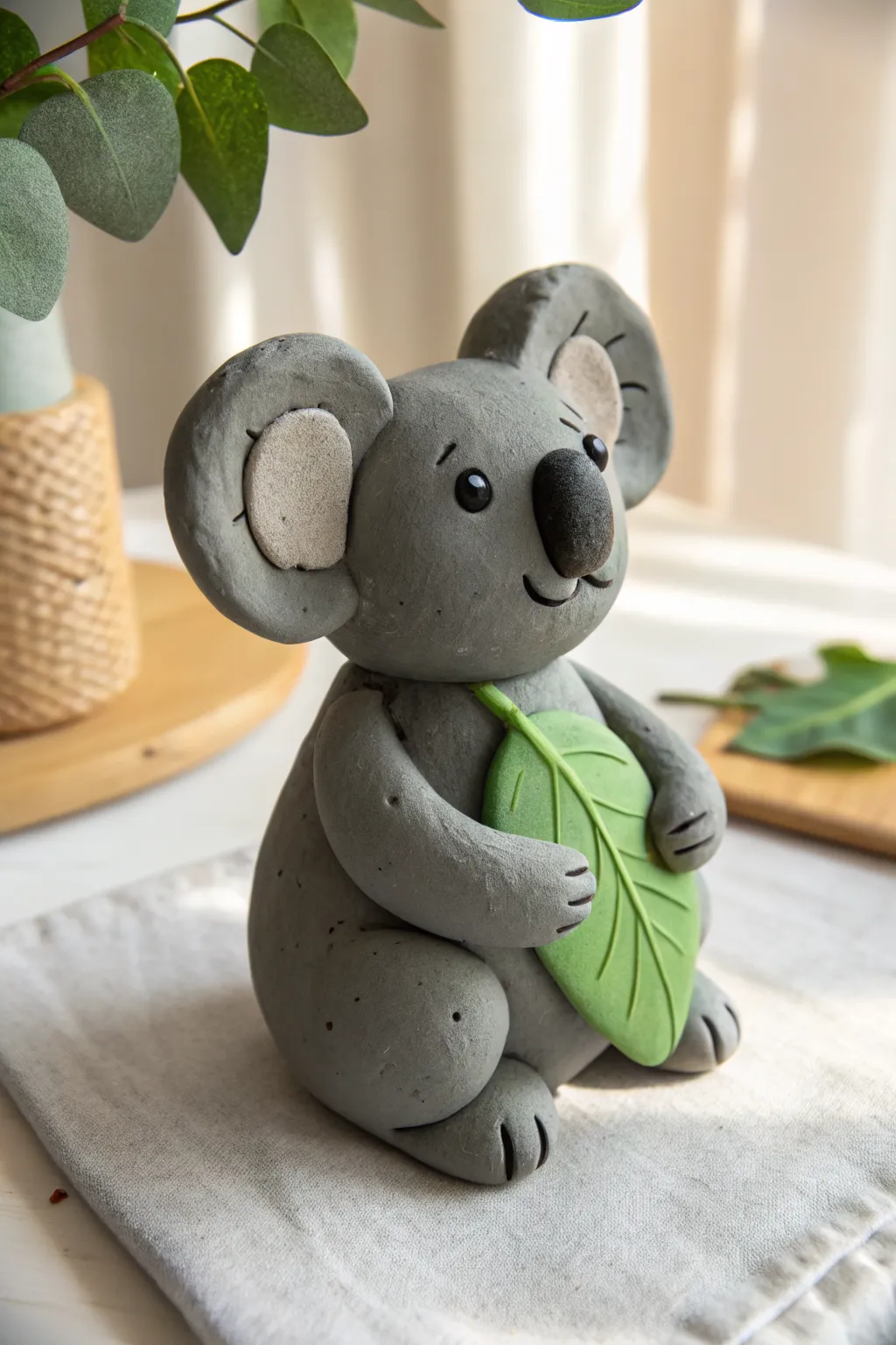 Sweet clay koala hugging a green leaf, a simple kid-friendly figure with cozy Nordic boho style.
