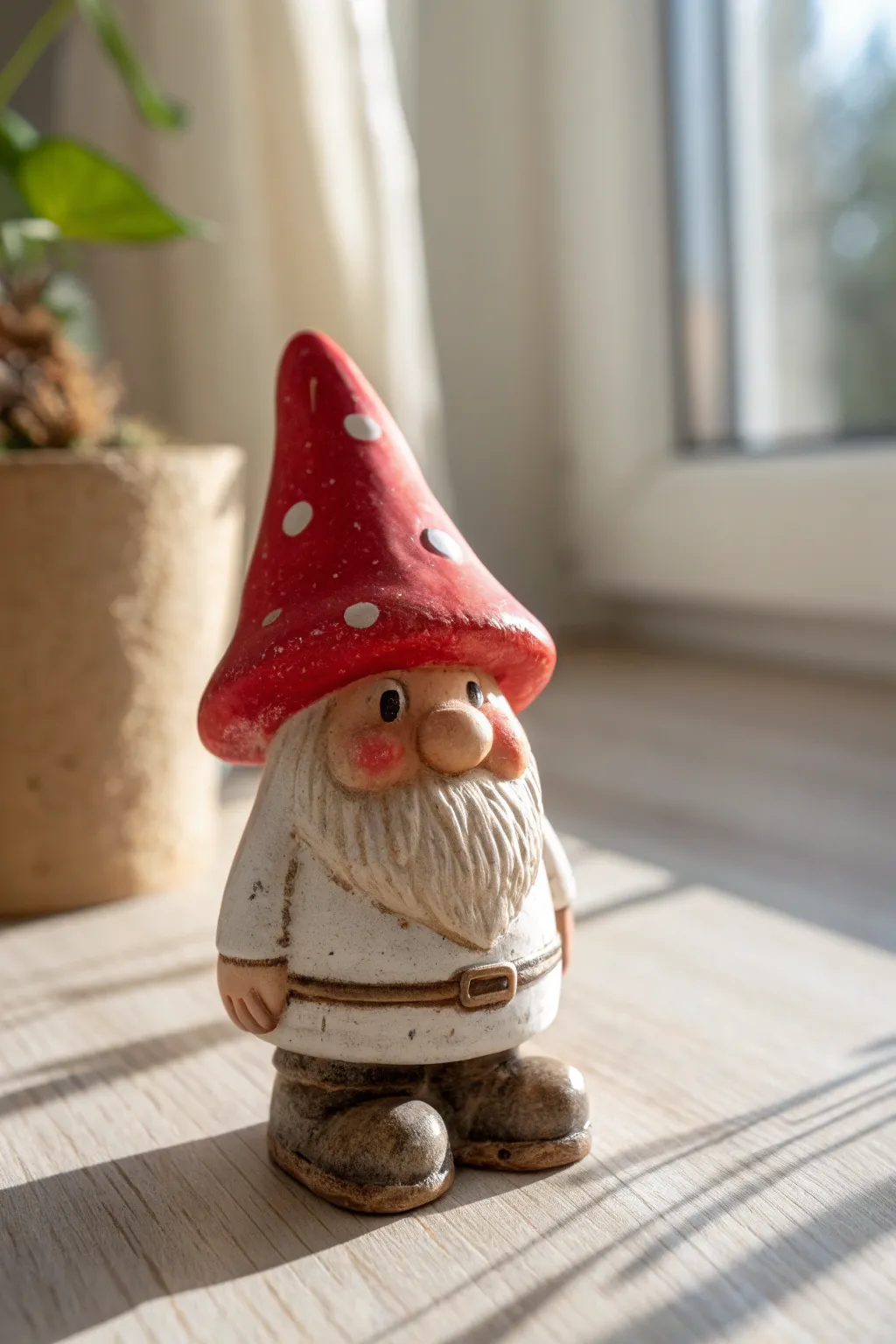 Whimsical mushroom-hat gnome with stubby boots, perfect clay figurine idea for cozy decor.