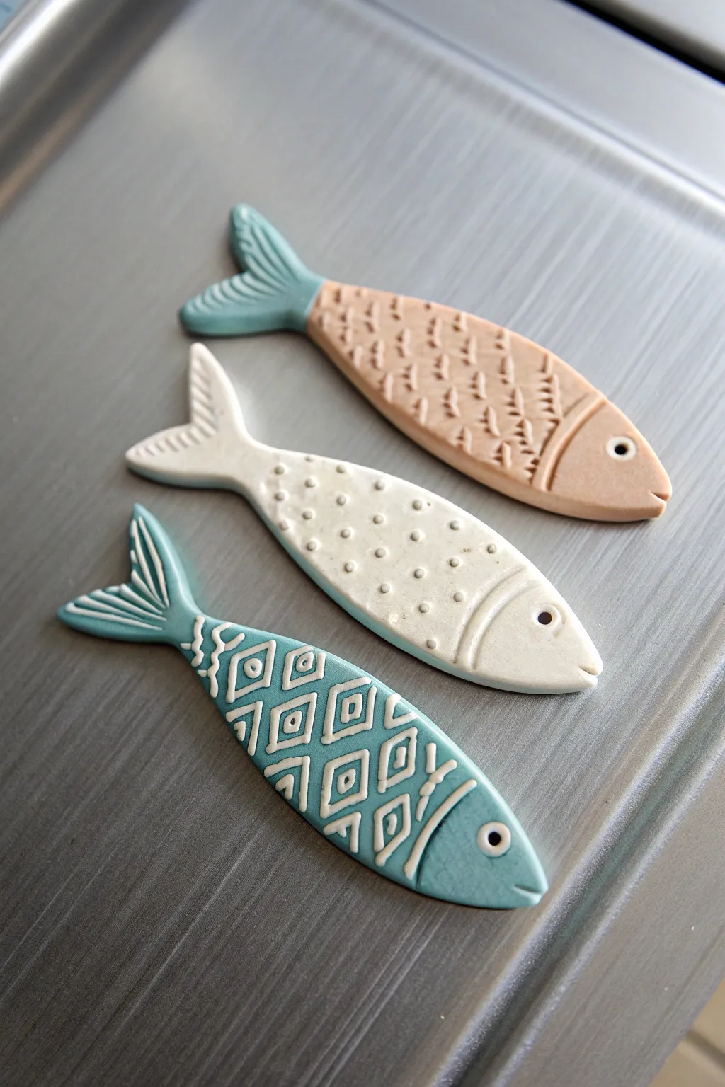 Handmade clay fish magnet set in soft coastal tones, minimalist patterns for a chic fridge.