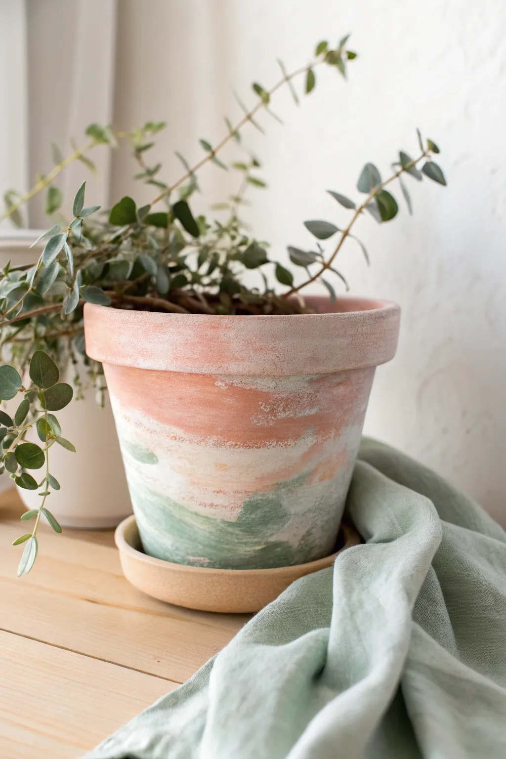 Soft watercolor wash on terracotta lets the natural clay glow with a simple, airy finish.