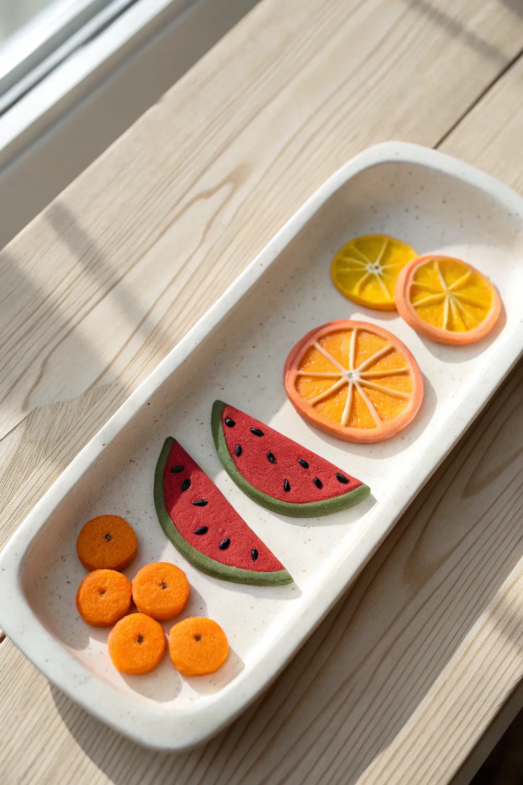 Mini clay fruit slices on a clean ceramic tray, simple and kid recognizable in bright colors