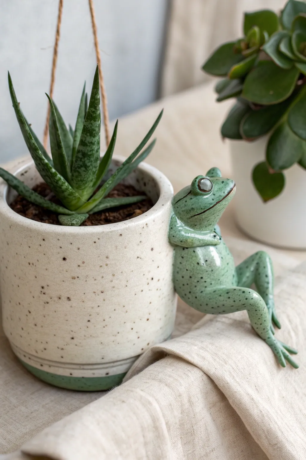 A relaxed clay frog planter buddy lounging on a pot rim, minimalist Scandinavian style with boho warmth