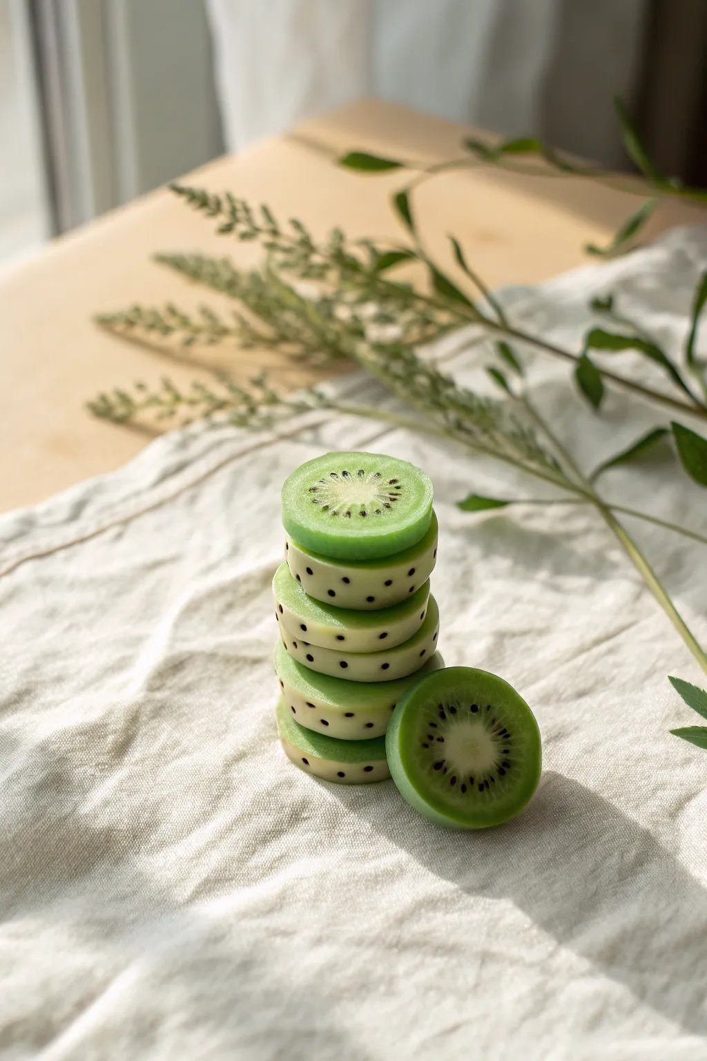 Sweet-looking kiwi clay slices stacked like tiny candies, crisp cuts and natural boho minimal vibes.