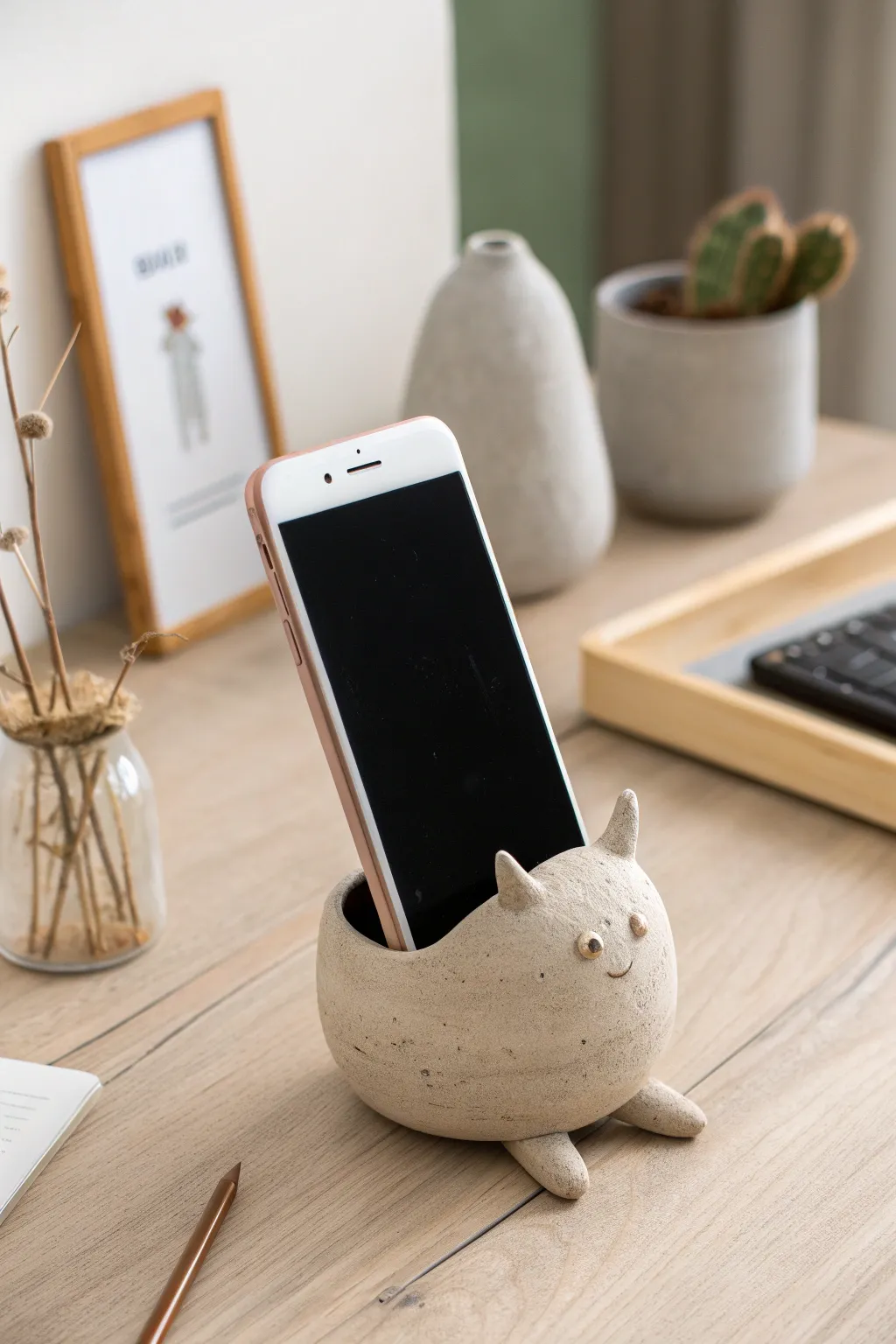 Meet the cutest functional art: a clay creature phone stand for a serene Scandinavian desk.