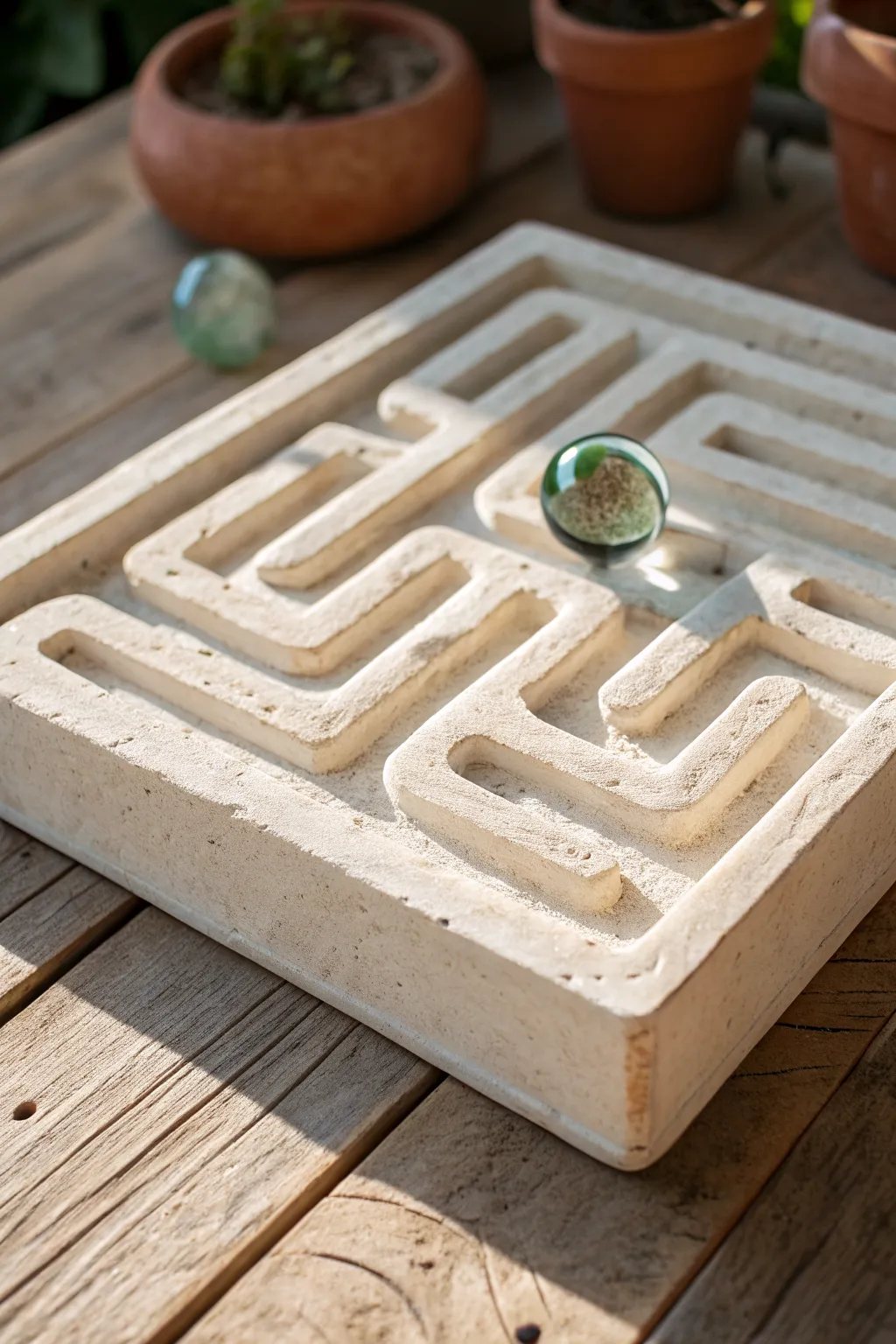 Handmade clay marble maze board in calm neutrals, winding paths, one marble ready to play.