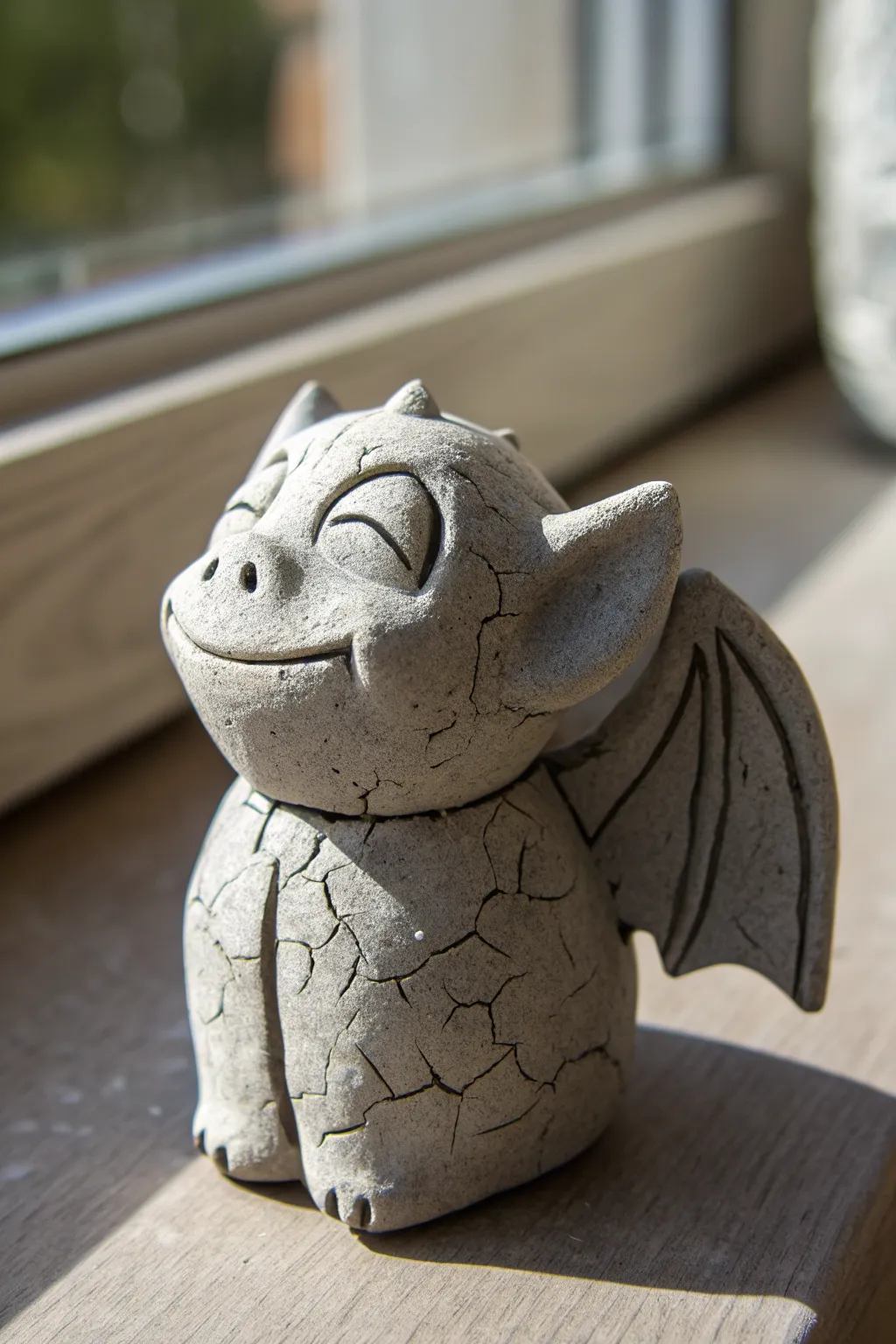Stone-gray clay gargoyle with carved crack texture and soft dry-brushed highlights