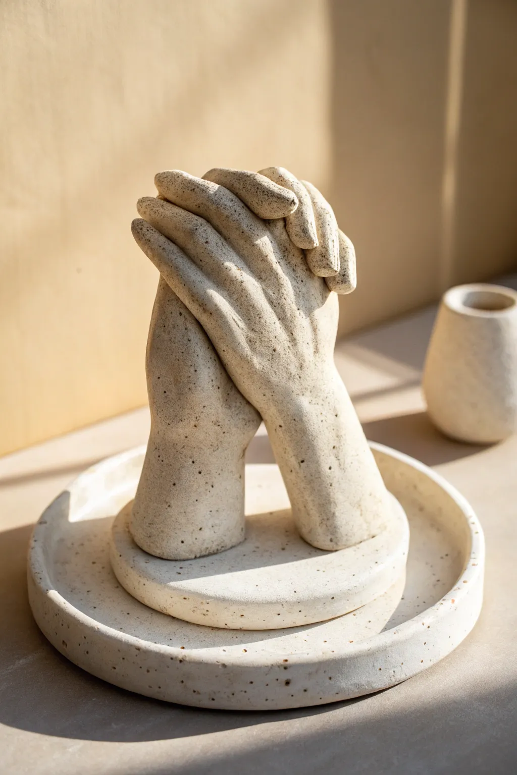 Two clasped clay hands on a minimalist base, a calming symbol of support and connection.