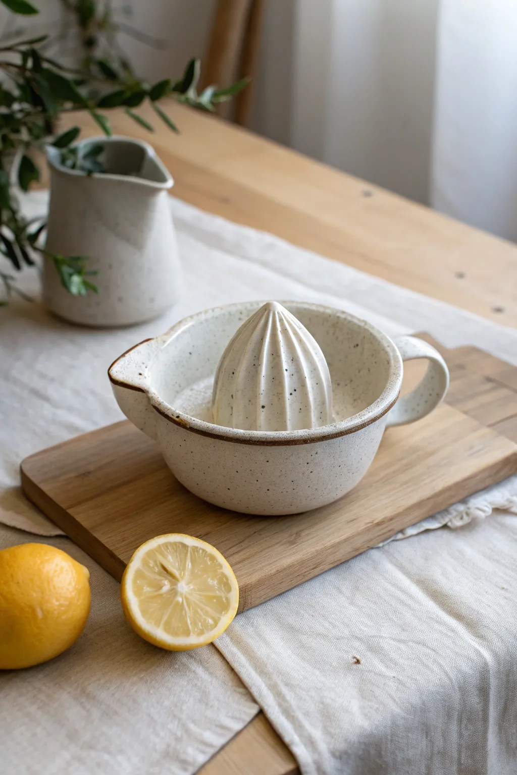 Handbuilt ceramic citrus juicer with a simple ridged cone, styled with fresh lemon in soft light.