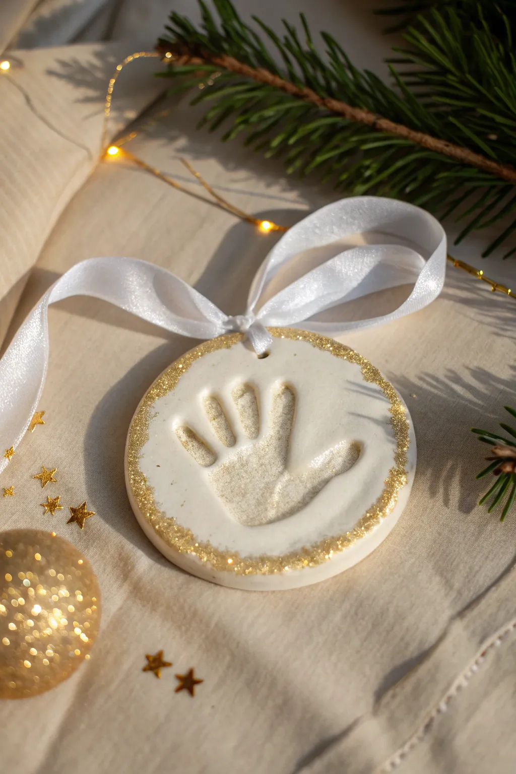 Glitter-dipped handprint clay keepsake with a smooth finish and satin ribbon, ready to gift