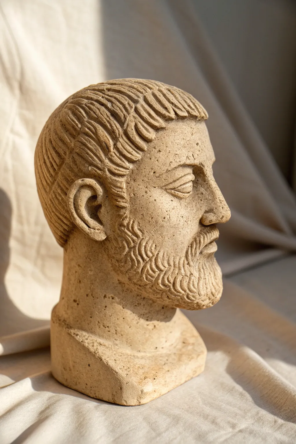 Textured hair and beard clay head with crisp tool marks and a calm minimalist Scandinavian look.