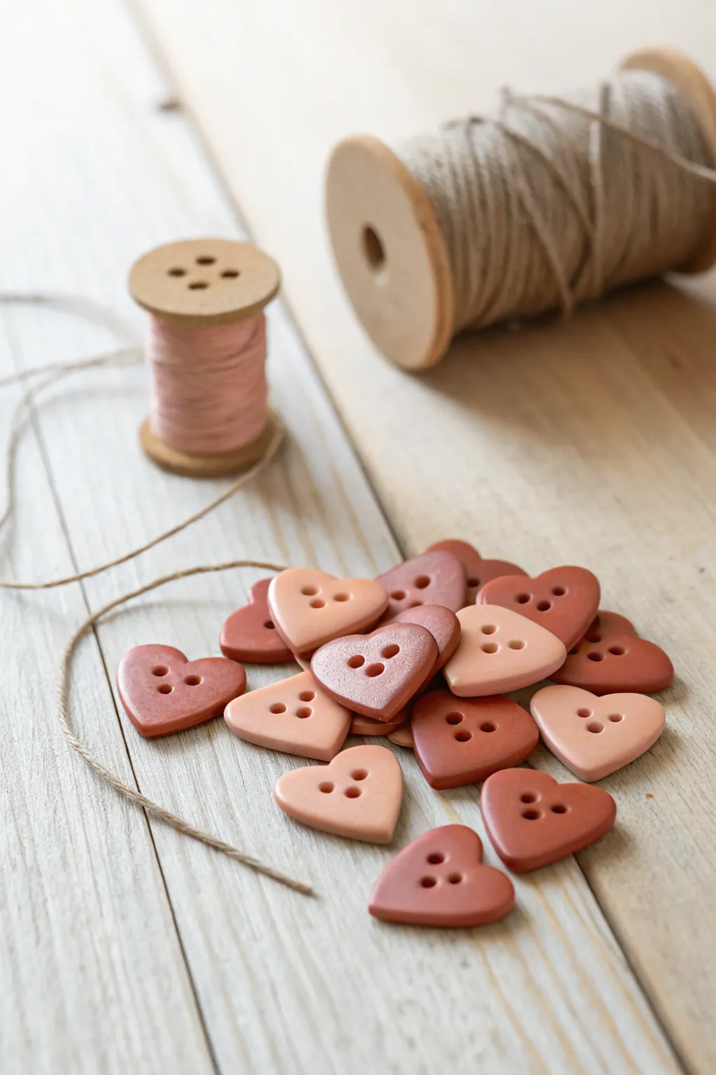 Tiny clay heart buttons in soft blush tones, ready to sew onto your next handmade treasure.
