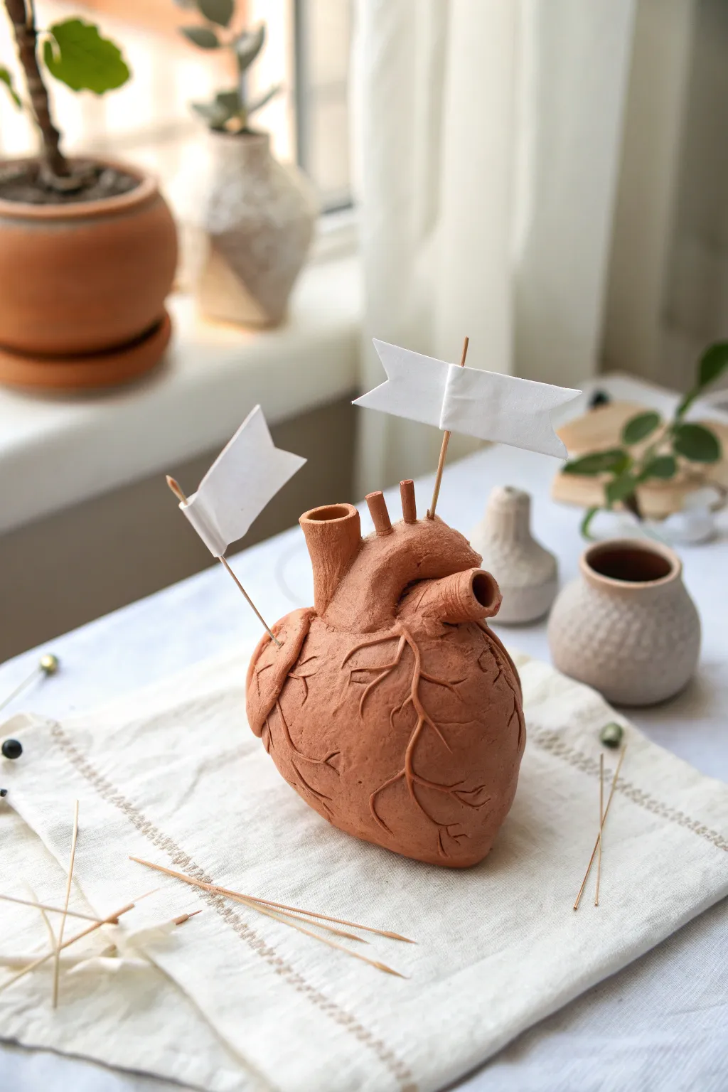 Minimal clay heart model with clean flag pins, a calm science-fair look for your pottery shelf.