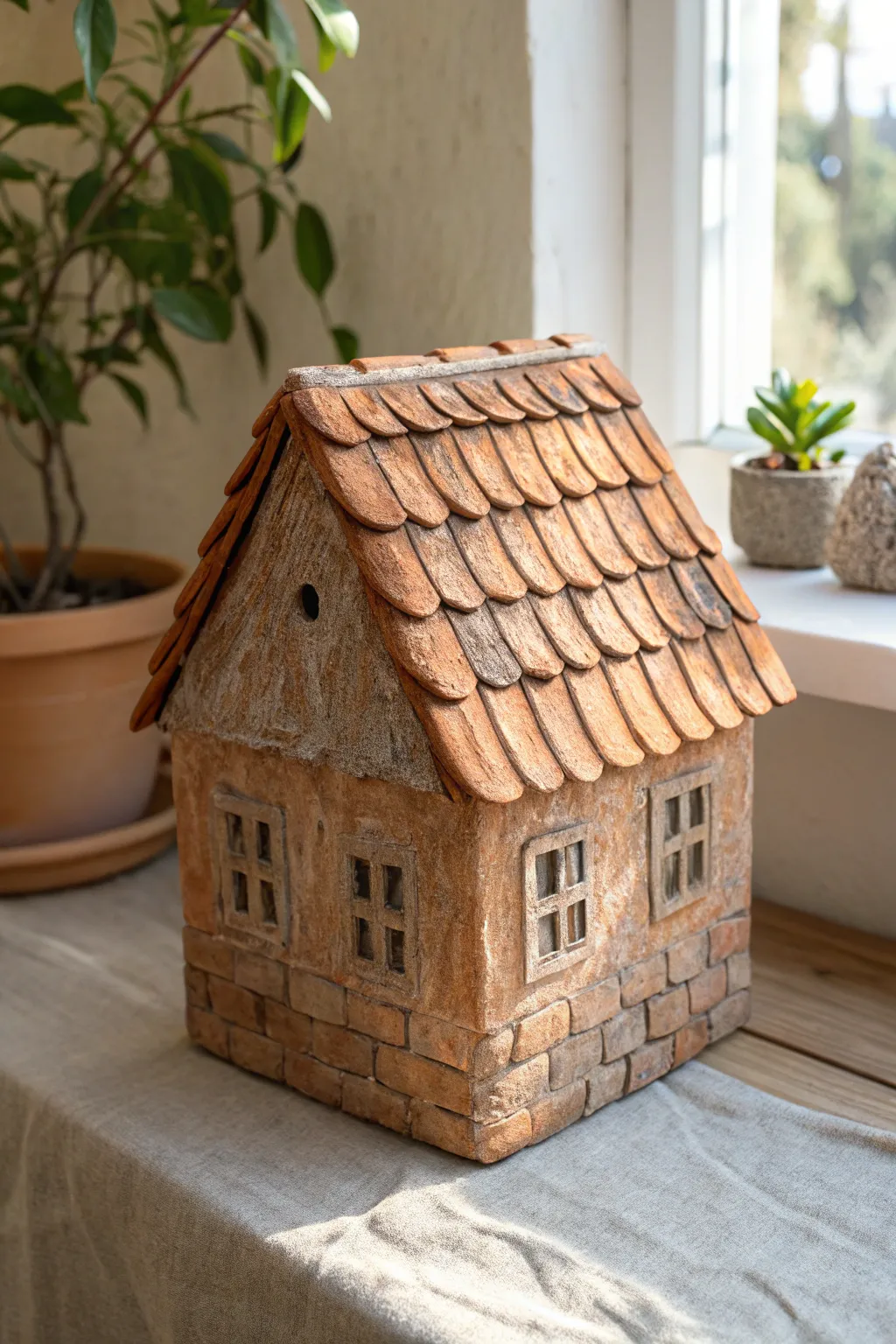 Shingled-roof mini clay house with layered tiles, rustic charm, minimalist boho styling.