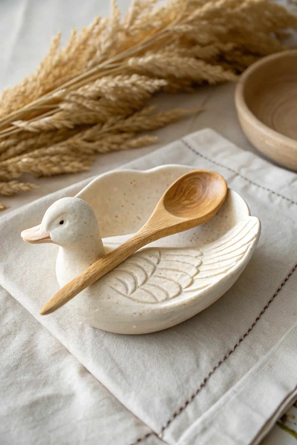 Minimalist duck spoon rest with wing details, styled in soft neutrals and warm natural light