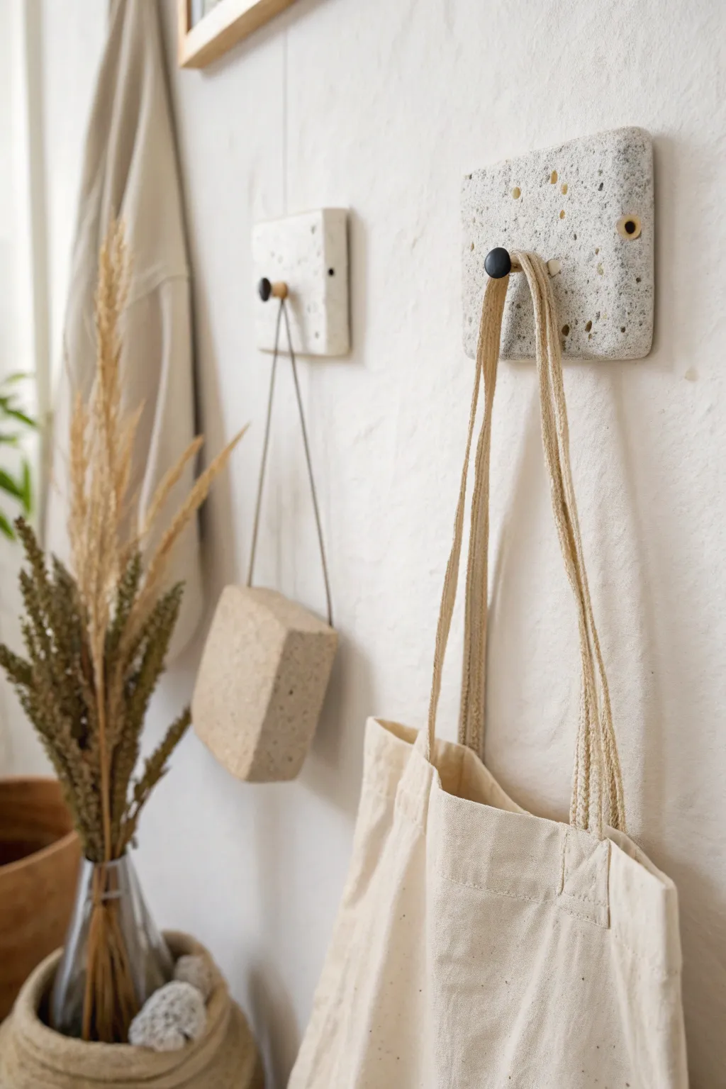 Minimal clay hook tiles holding a necklace and linen tote in a bright, calm entryway