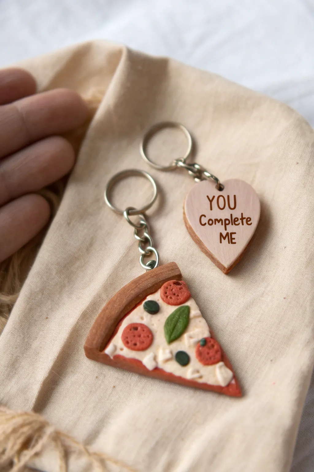 Sweet clay pizza keychains that click together, a tiny gift that says you belong together.