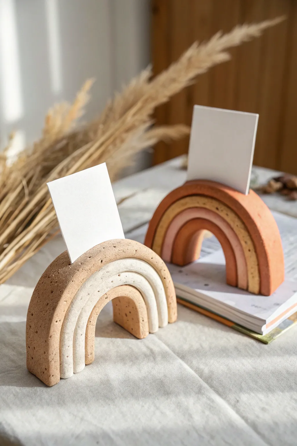 Two minimalist clay arch photo holders in soft tones, the sweetest desk set for friends.