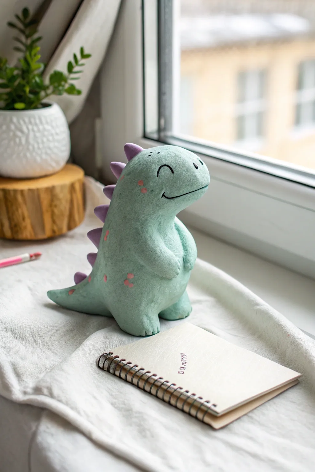 A tiny mint dino with a sweet smile, the cutest simple clay idea for girls and beginner makers