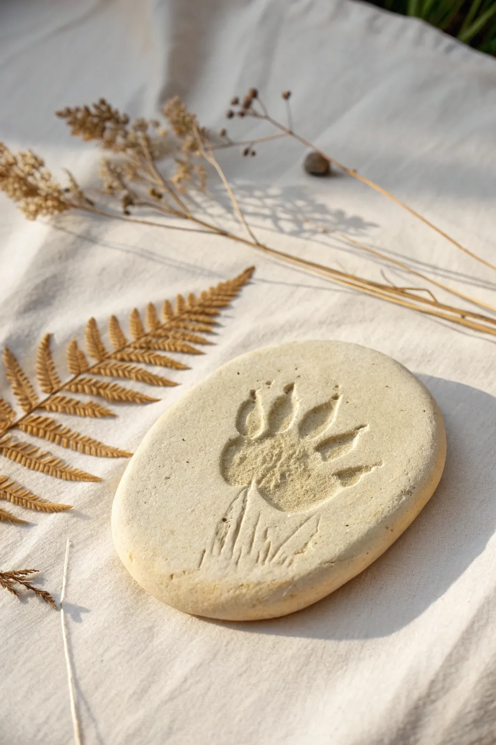 Stone-toned clay fossil tile with dinosaur and fern impressions, softly dry-brushed for contrast