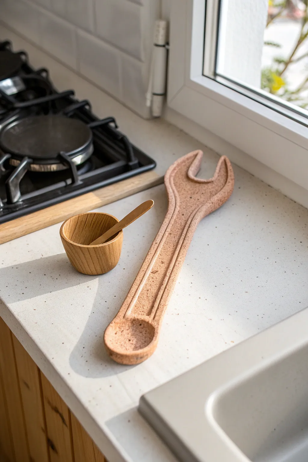 Wrench-shaped clay spoon rest in earthy tones, minimalist style with a warm handcrafted feel.