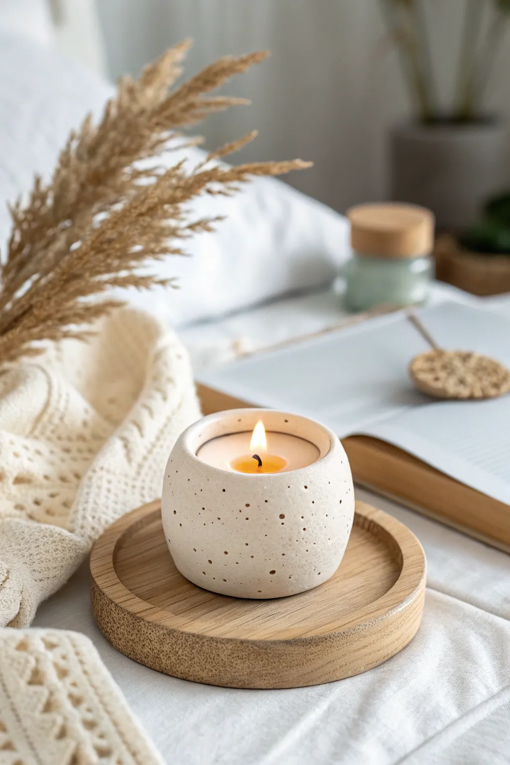 Clay candle holder for mom, soft dotted texture and warm bedside glow in minimalist boho style.