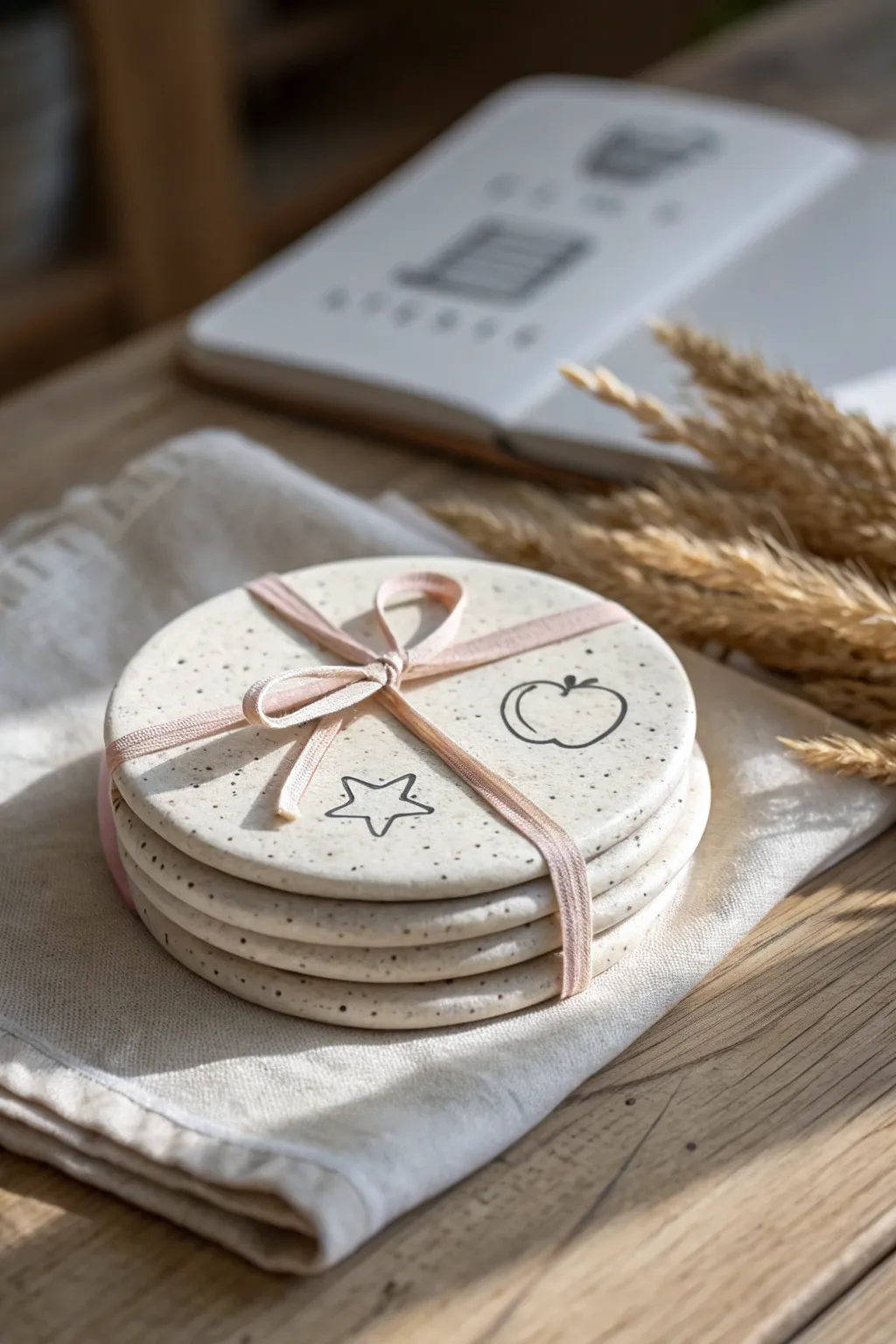 Handmade clay coaster gift set with cute school motifs, minimalist and teacher-ready.
