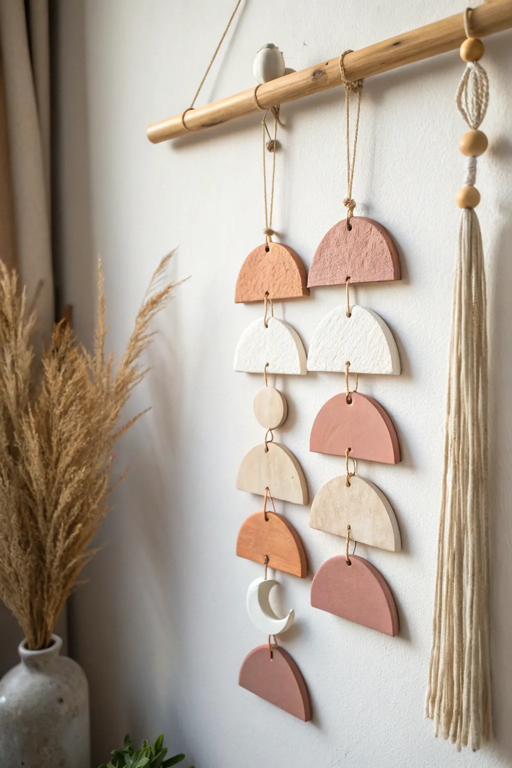 Minimal boho clay wall hanging in blush and neutrals, an easy teen-friendly finished piece