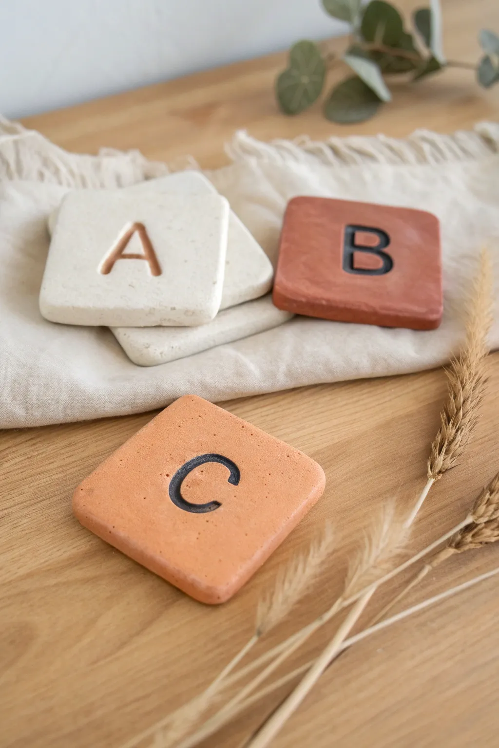 Chunky clay alphabet tiles for toddlers, high contrast and easy to grip for early letter play.