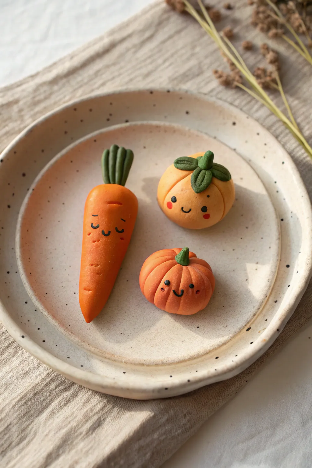 Tiny clay veggies with sweet faces, a minimalist garden lineup for playful pottery inspo.