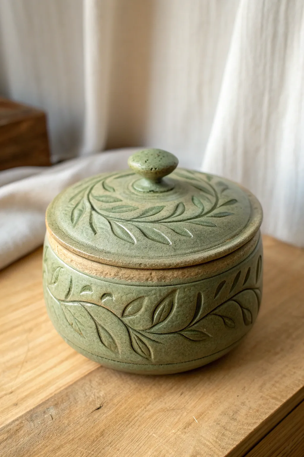 Leafy vine relief clay jewelry box in earthy greens, minimalist and softly boho for your dresser