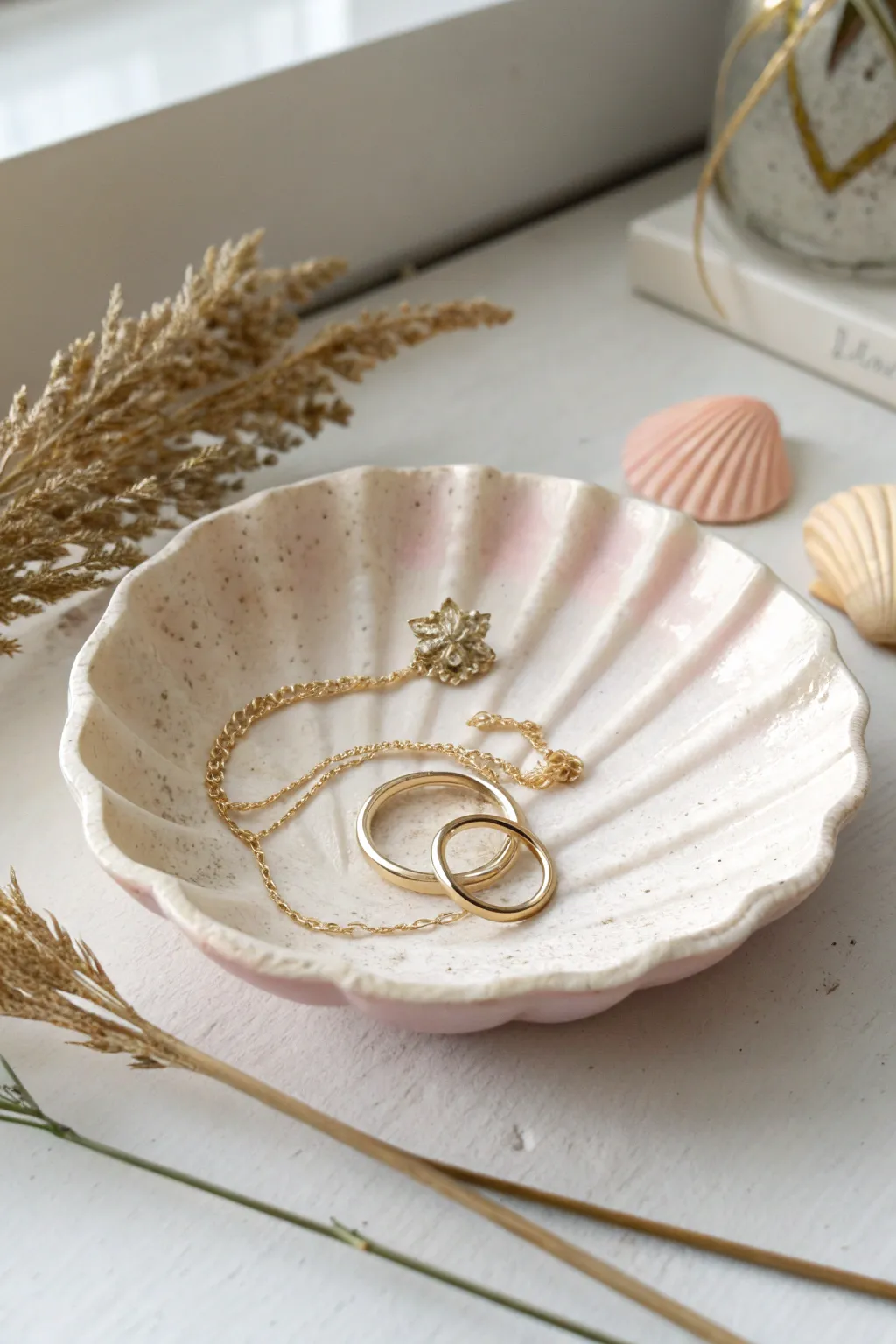 Pearly shell clay tray cradling a necklace and rings for a calm, beachy jewelry corner.