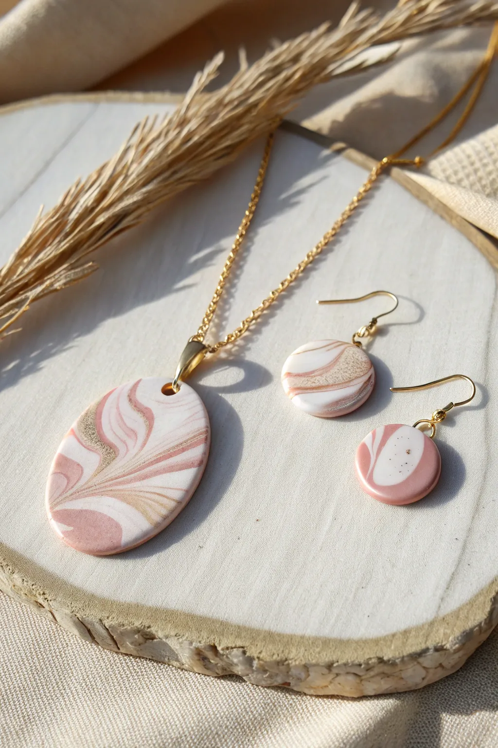 Agate-inspired faux stone clay pendant and earrings in blush tones, minimal and handcrafted.