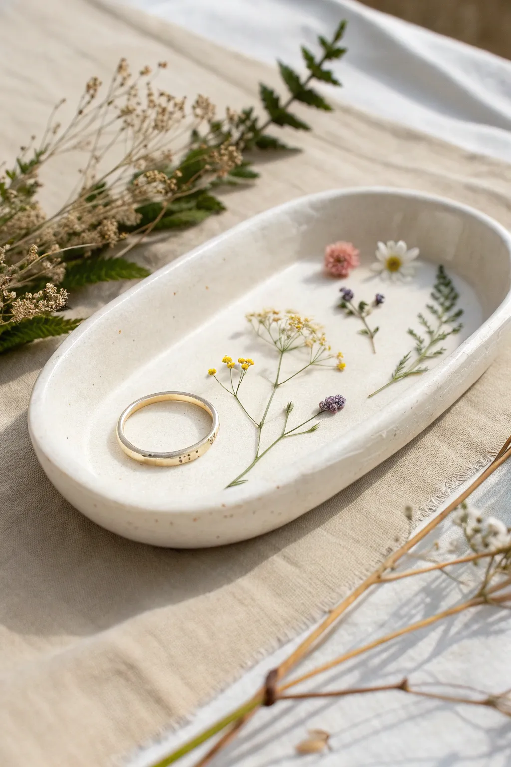 Pressed-flower keepsake clay tray with a glossy finish, perfect for storing delicate rings