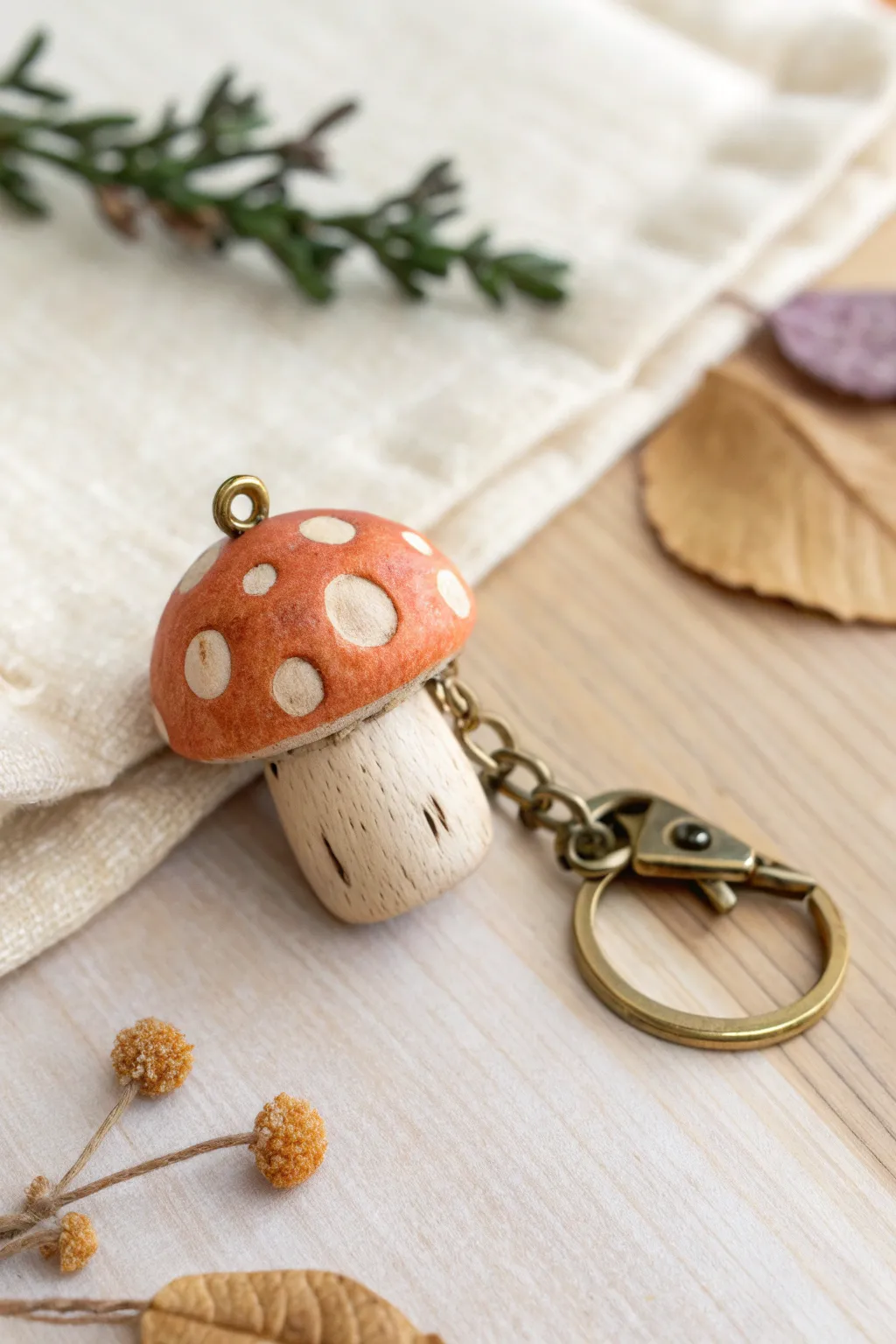 Handmade mushroom cap clay keychain in earthy tones, minimal boho styling, crisp focus.