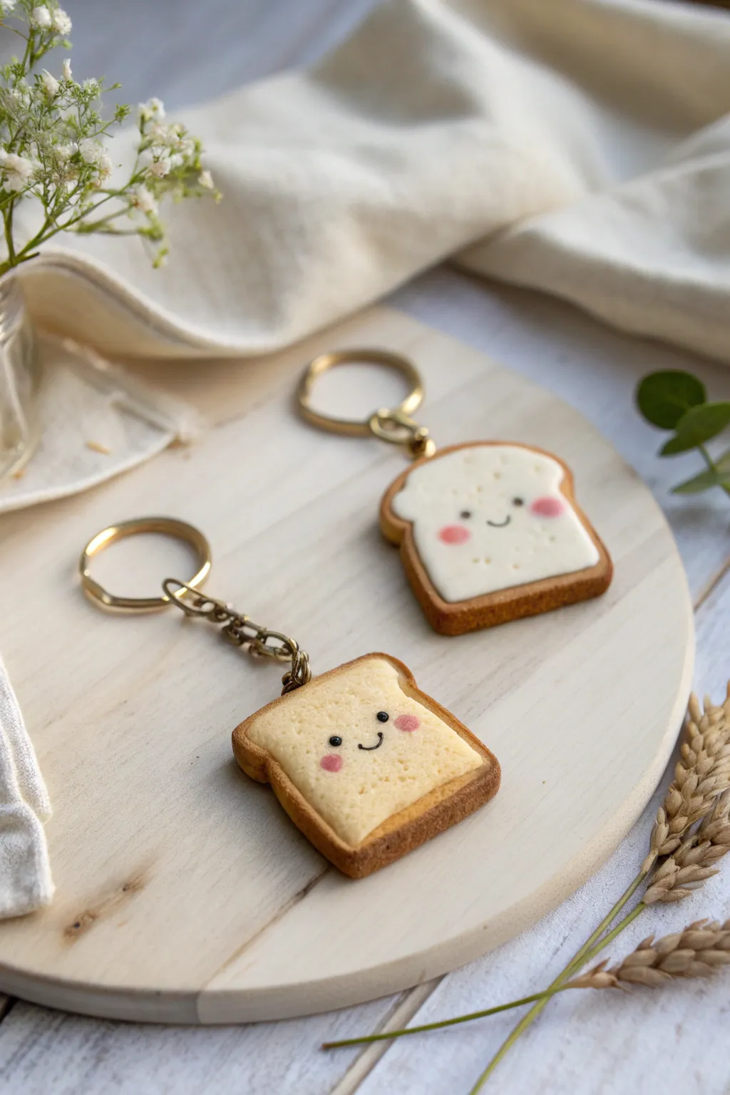 Sweet toast slice clay keychain with tiny smile, minimal boho charm for your keys or bag.