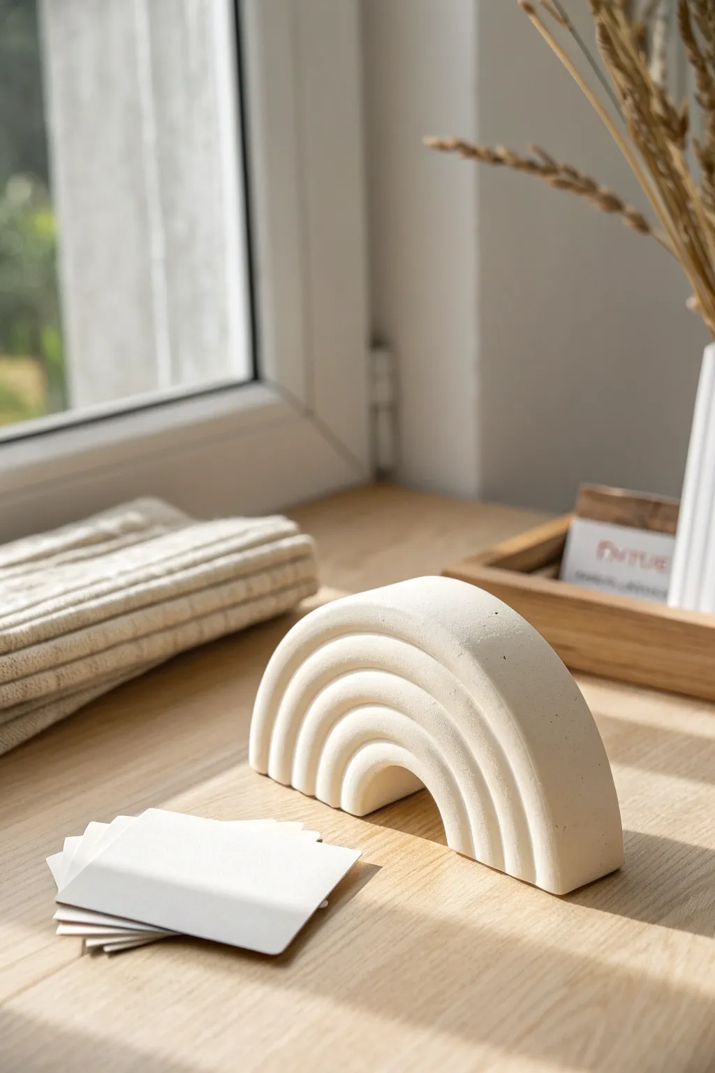 Minimal clay arch photo holder kit idea, elegant on a light oak desk with cozy boho tones.