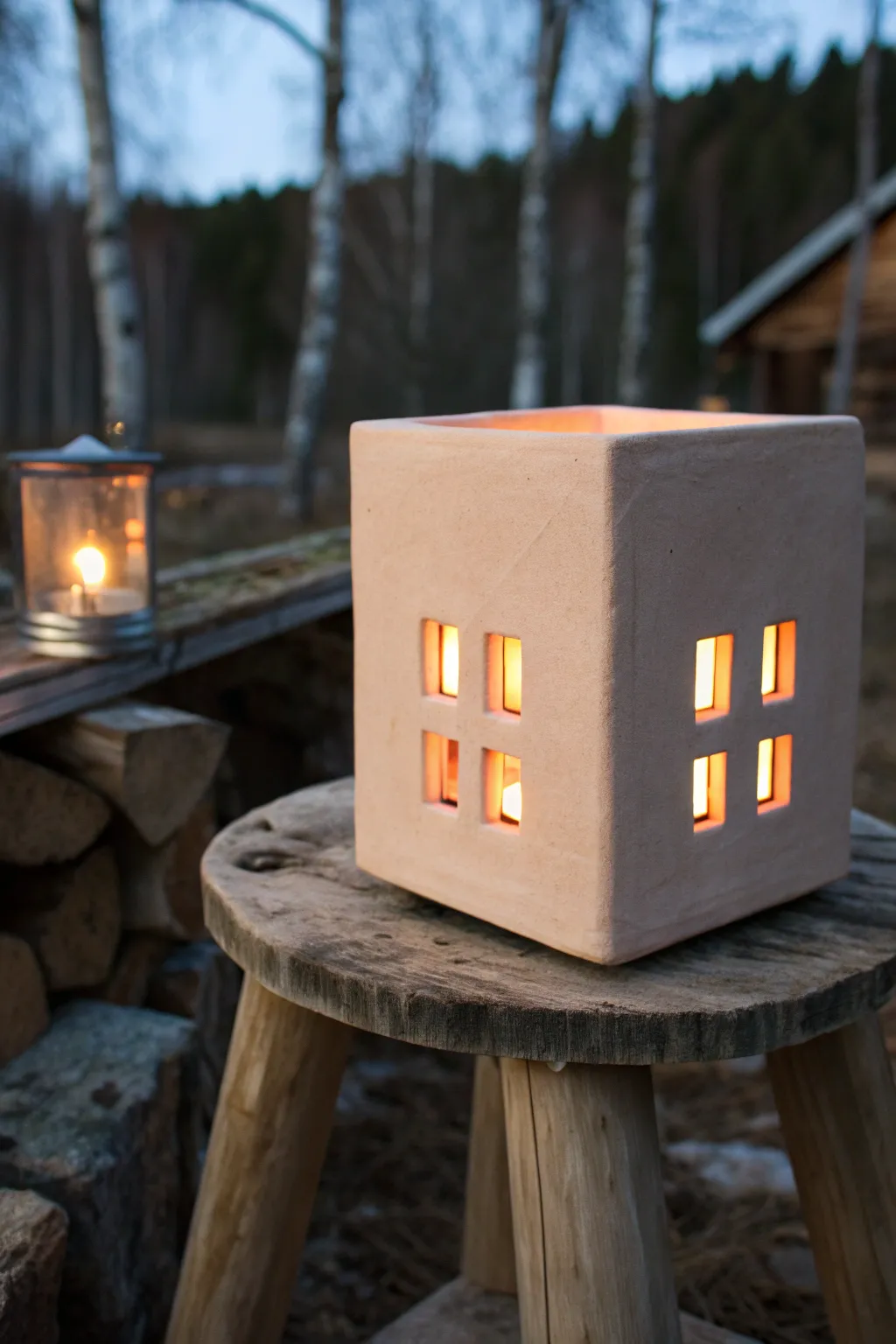 A slab-built clay box lantern glowing at dusk, simple windows casting warm cozy light.