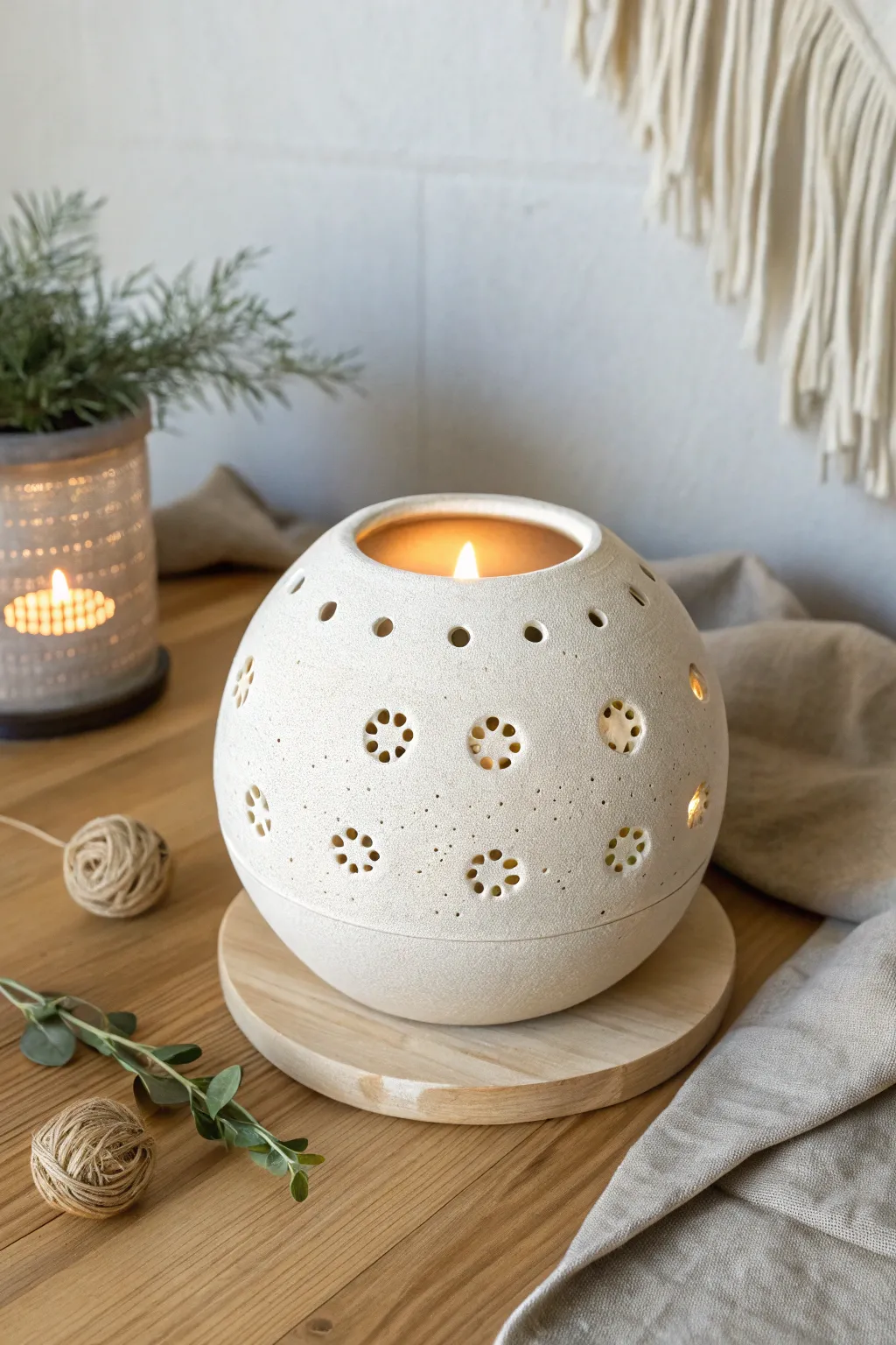 Minimal clay orb lantern with 360 cutouts, glowing softly and casting dotted light patterns
