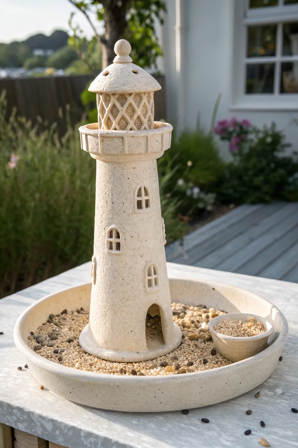 Minimal clay lighthouse bird feeder with a seed tray base, styled outdoors in soft Nordic light