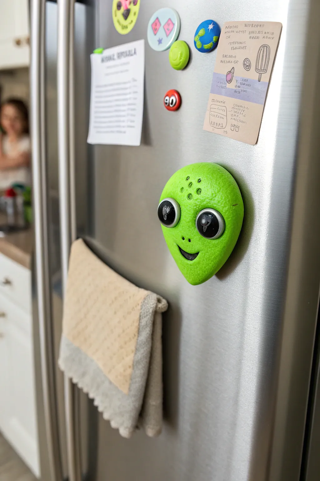 Silly neon alien head magnet with big eyes, styled minimal on a brushed metal fridge