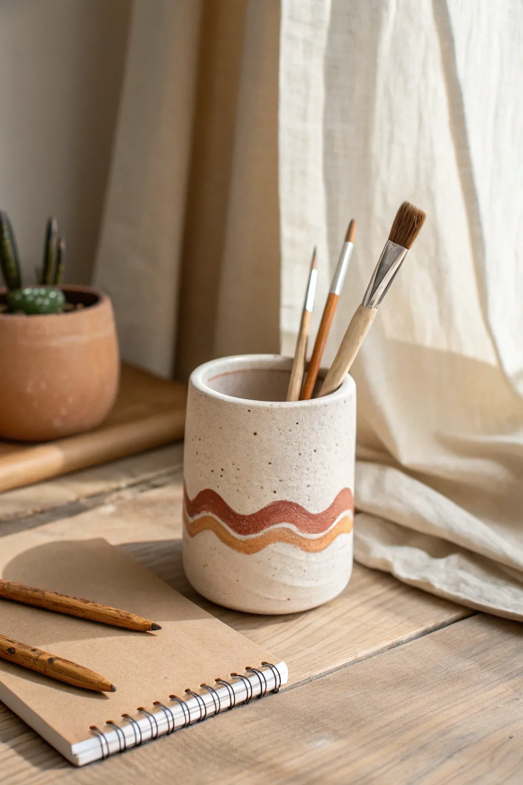 Easy clay pencil cup with playful wavy paint, perfect for a calm minimalist boho desk.
