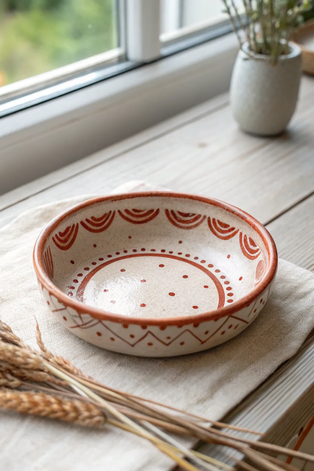 Simple stamped clay trinket dish for kids, finished look with bold rim and playful texture