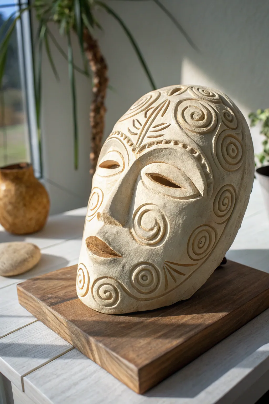 Carved spirals and raised lines bring this clay mask to life with crisp shadows and calm style.