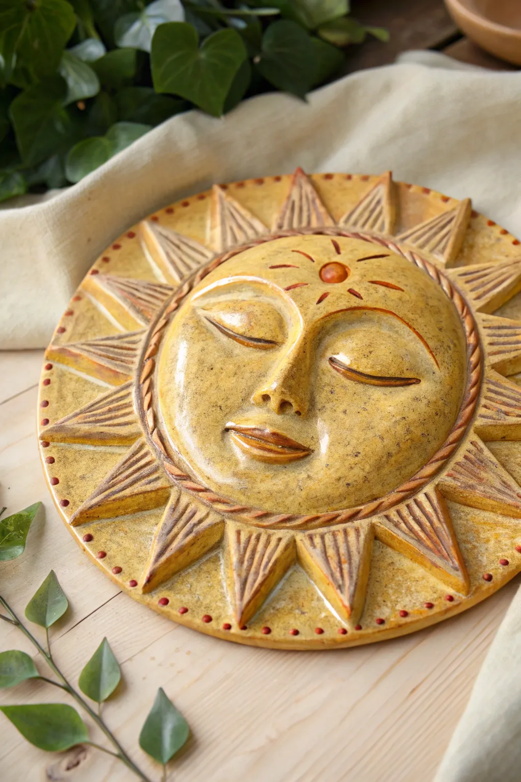 Warm minimalist sun face clay mask with bold rays, soft carved details, and cozy contrast