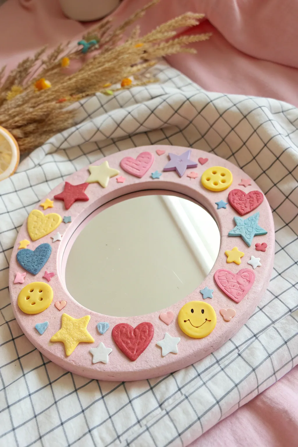 Kidcore clay mirror packed with hearts and stars on gingham for a playful, cozy statement