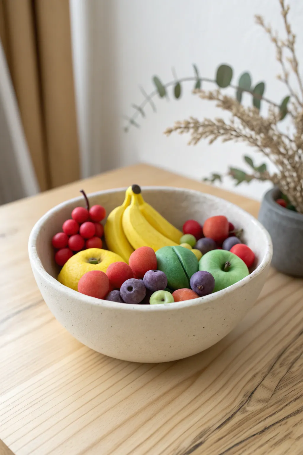 Mini clay fruits in a simple bowl, perfect ball-and-snake shapes for kindergarten fun.